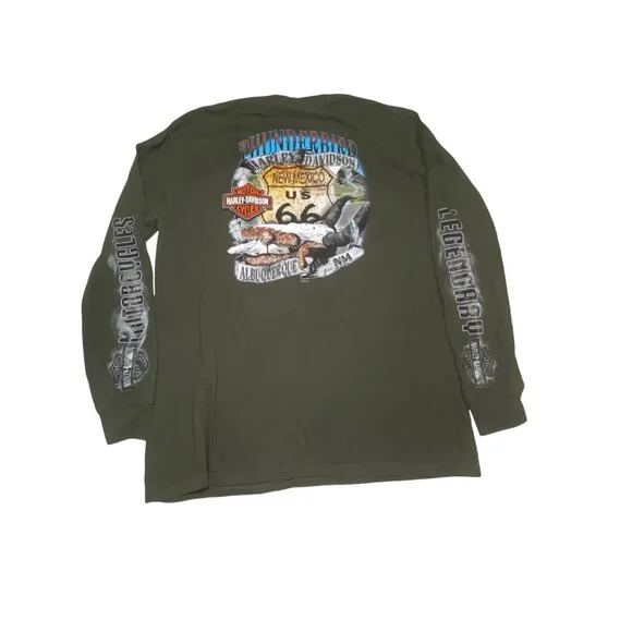 Harley-Davidson XL Long-Sleeve Shirt Mens Route 66 Graphic Olive Green Cotton - Picture 3 of 9